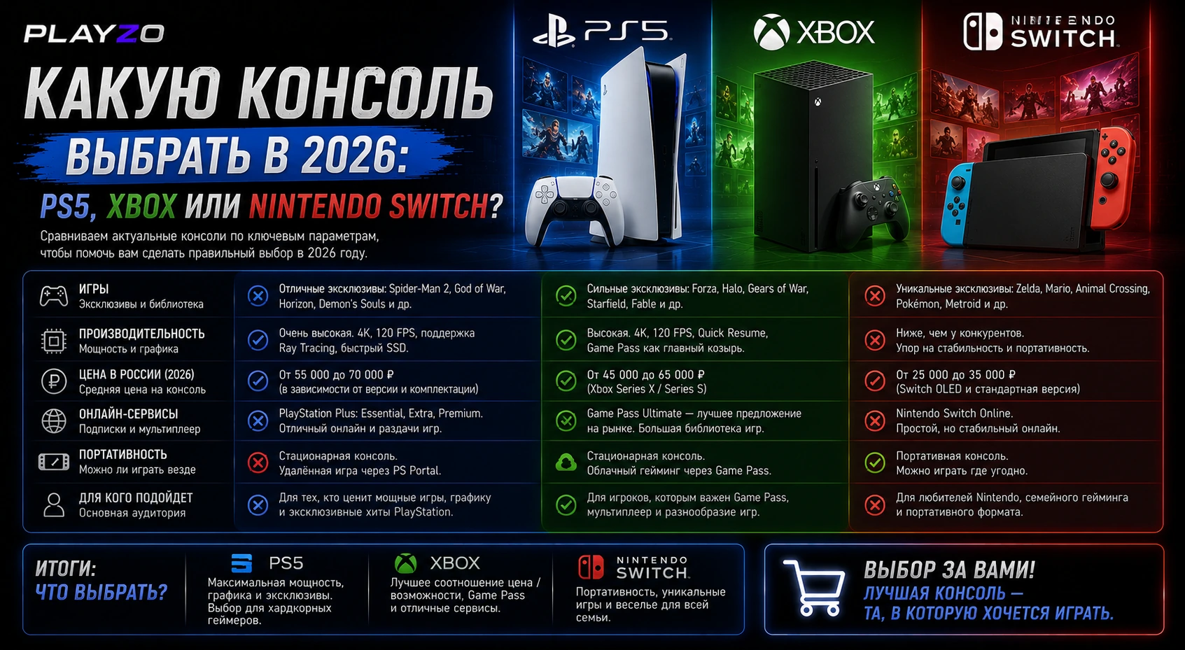 Какую консоль выбрать в 2026: PS5, Xbox или Nintendo Switch